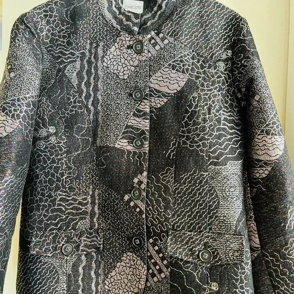 Chico’s woman’s metallic brocade jacket, Black/Silver, size 0 beautiful pattern- - Picture 12 of 16